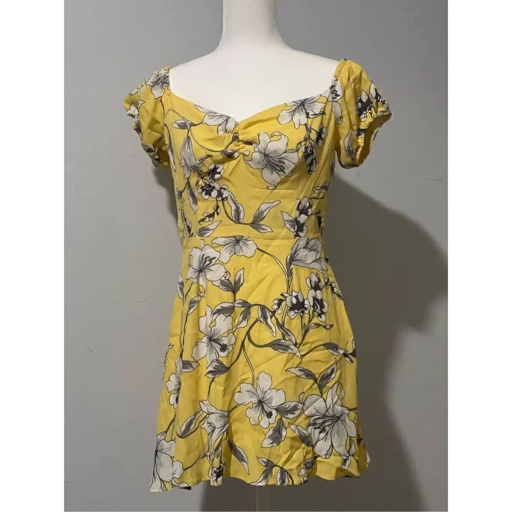 Privacy please fit flare mini dress yellow flower dress L